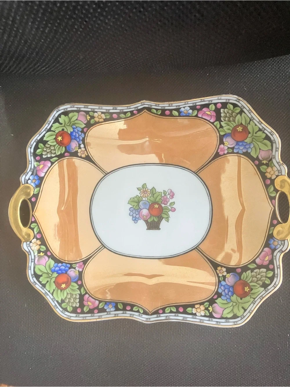 Noritake Peach and Black Floral Gold-Handled Serving Platter